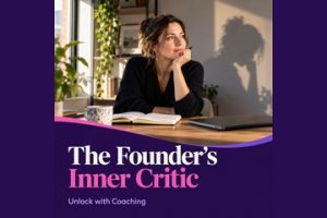 Founder considering a business decision while a shadow of self-doubt sits beside them, with the title “The Founder’s Inner Critic”.